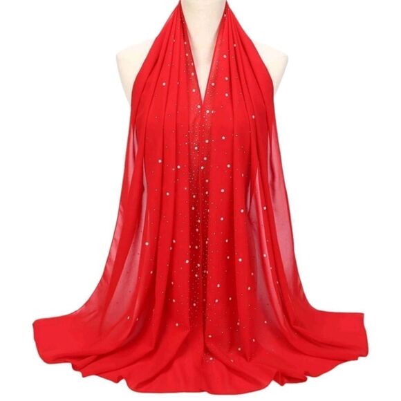 SALE Stunning Red Chiffon Pearls and Rhinestones Scarf - Picture 2 of 5